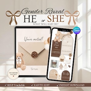 Uitnodiging website voor genderonthulling teddybeer: neutraal beige thema (bewerkbare canvassjabloon)