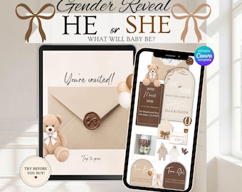 Teddy Bear Gender Reveal Website Invitation: Neutral Beige Theme (Editable Canva Template)