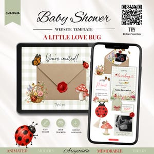 May include: A digital baby shower website template featuring a ladybug and butterfly theme displayed on a tablet and smartphone. The design includes a kraft paper envelope with a red wax seal, mushrooms, and floral illustrations on a light green plaid background.