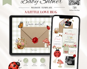A Little Lovebug Baby Shower Invitation, Love Bug Website Template with RSVP, Canva Editable , baby shower invite
