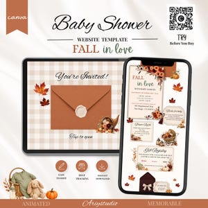 Könnte beinhalten: Eine digitale Babyparty-Website-Vorlage auf einem Tablet und Smartphone. Das Design zeigt ein herbstliches Thema mit orangefarbenen Ahornblättern, Kürbissen und einem braunen Umschlag mit Wachssiegel. Text beinhaltet Baby Shower, FALL in love und You're Invited.