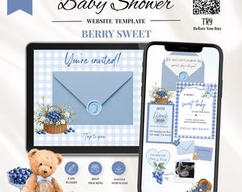 Berry Sweet Baby Shower Invitation Template, Editable Blueberry Baby Shower Invite, Canva Website Invitation with RSVP