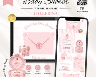 Uitnodiging website babyshower ballerina | Uitnodiging babyshower | Een kleine ballerina is onderweg | Roze balletthema | Bewerkbare canvassjabloon