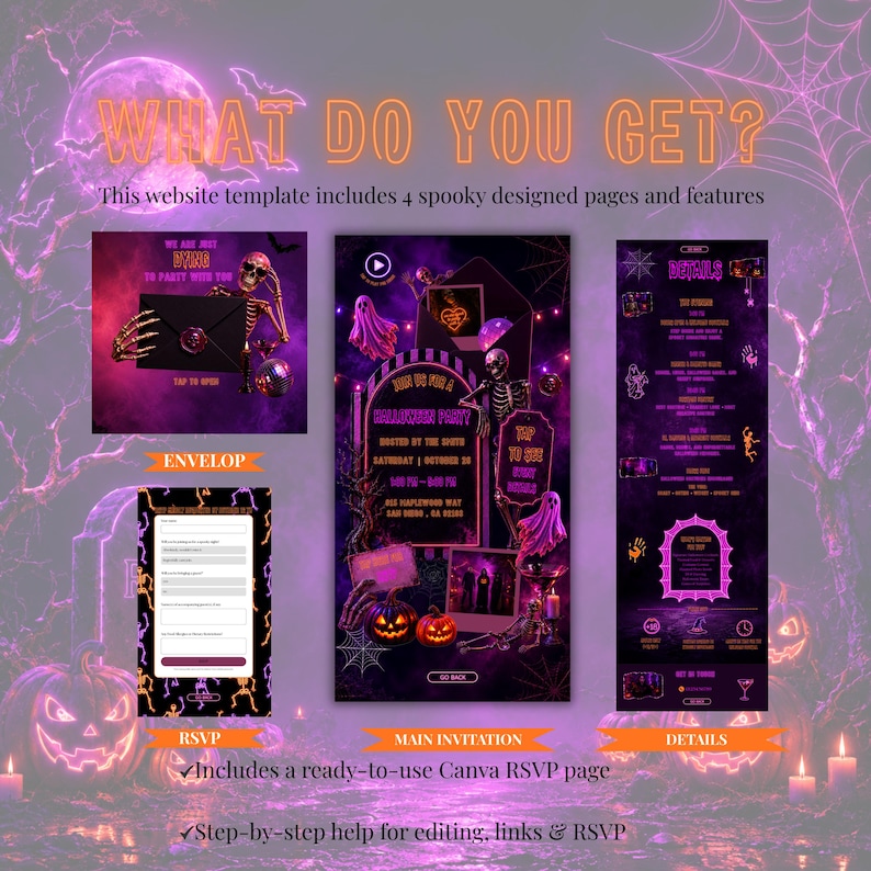 May include: A digital website template for a Halloween party featuring four pages: an envelope, an RSVP form, a main invitation, and a details page. The design uses a dark purple and black color palette with skeletons, ghosts, and pumpkins.