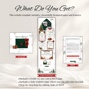 May include: A digital website template for a baby shower invitation featuring three pages: an envelope with a red bow, a main invitation with Christmas tree graphics and Santa Baby text, and an RSVP form. Includes text: What Do You Get?