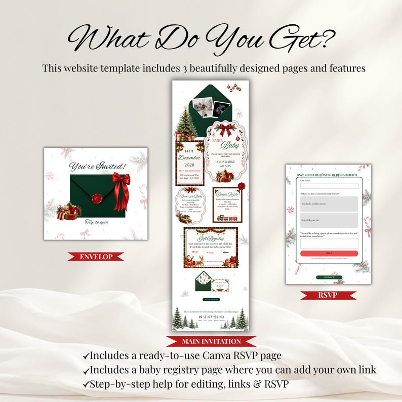 May include: A digital website template for a baby shower invitation featuring three pages: an envelope with a red bow, a main invitation with Christmas tree graphics and Santa Baby text, and an RSVP form. Includes text: What Do You Get?