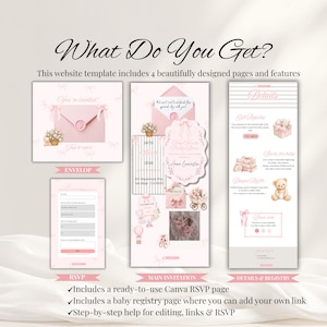 Babyshower uitnodiging sjabloon 'Tiny Toes & Pretty Bows' op Canva, roze digitale uitnodiging voor een babyshower voor een meisje, Coquette website-uitnodiging met RSVP afbeelding 2