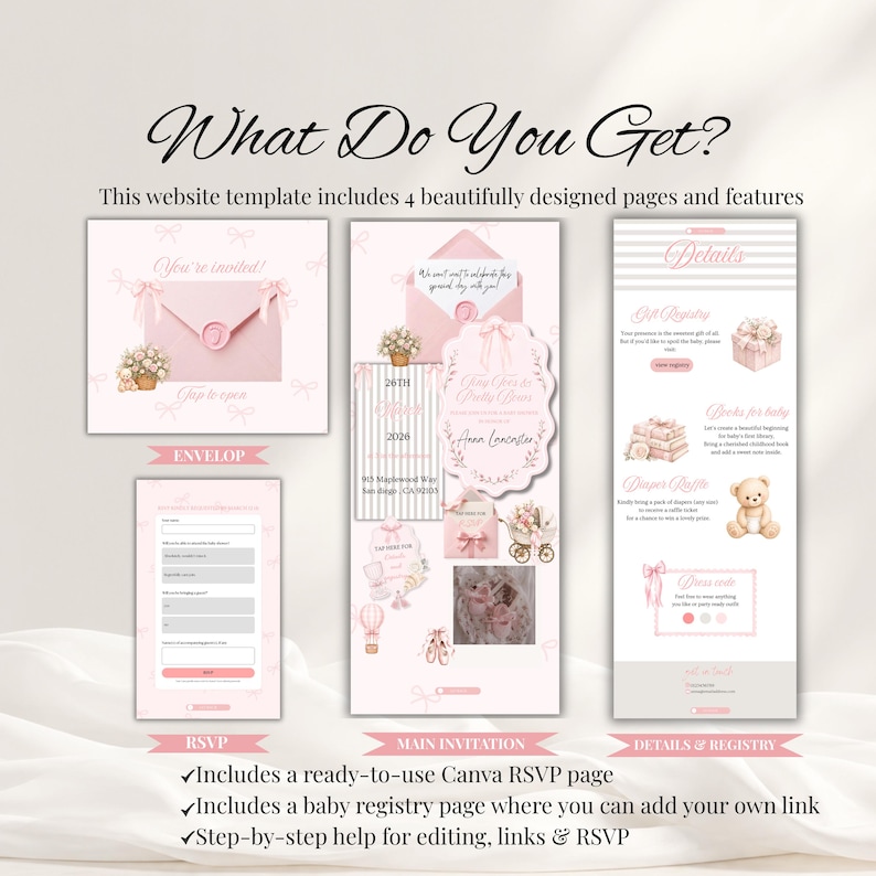 Babyshower uitnodiging sjabloon 'Tiny Toes & Pretty Bows' op Canva, roze digitale uitnodiging voor een babyshower voor een meisje, Coquette website-uitnodiging met RSVP afbeelding 2