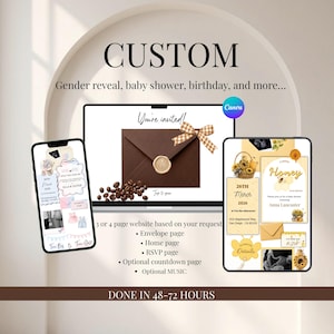 May include: A digital invitation suite displayed on a smartphone, laptop, and tablet. The screens show custom event designs including a brown envelope with a wax seal, coffee beans, sunflower graphics, and text for baby showers and gender reveals.