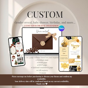 May include: A digital invitation service display featuring a laptop, smartphone, and tablet showing custom event templates. The screens display text including CUSTOM, Gender reveal, baby shower, birthday, and more, I EDIT YOUR DIGITAL INVITATION, and details for a Honey themed baby shower on 26th March 2026.