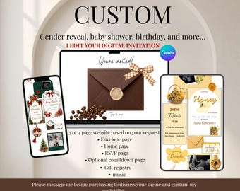 May include: A digital invitation service display featuring a laptop, smartphone, and tablet showing custom event templates. Text includes CUSTOM, Gender reveal, baby shower, birthday, and more, I EDIT YOUR DIGITAL INVITATION, and You're invited.