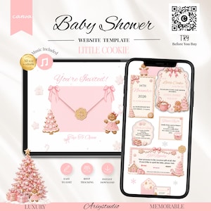 May include: A digital baby shower website template featuring a pink envelope with a wax seal, gingerbread figures, and Christmas trees. The design includes editable text, a QR code for previewing, and mobile-responsive layouts for event details.