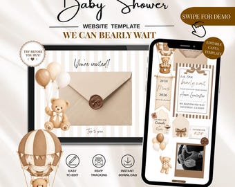 Neutral Teddy Bear Baby Shower | Beige Baby Shower Invite | Editable Canva Template