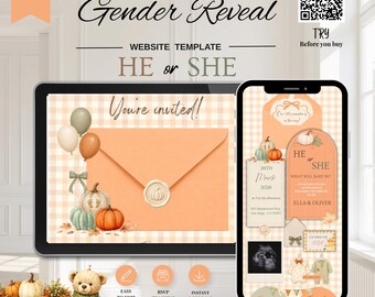 Pumpkin Gender Reveal  Invitation | He or She Gender Reveal Invite | Fall Baby Shower | Editable Canva Template | RSVP Tracker