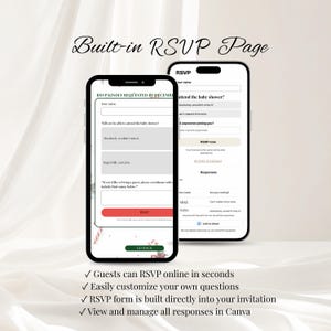 May include: Two smartphones displaying a digital baby shower RSVP page with input fields for names, attendance status, and guest information. The screens show text including RSVP KINDLY REQUESTED BY DECEMBER, RSVP, and GO BACK, with a red RSVP button.