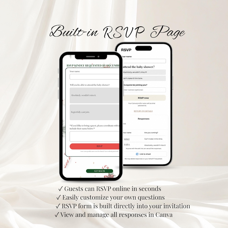 May include: Two smartphones displaying a digital baby shower RSVP page with input fields for names, attendance status, and guest information. The screens show text including RSVP KINDLY REQUESTED BY DECEMBER, RSVP, and GO BACK, with a red RSVP button.