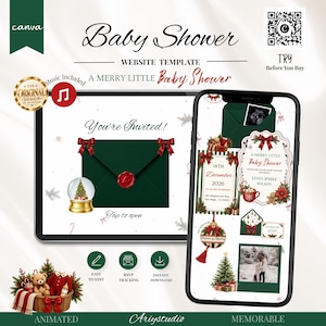 May include: A digital baby shower website template displayed on a tablet and smartphone. The design features a dark green envelope with a red wax seal, a snow globe with a Christmas tree, and festive holiday graphics including poinsettias and ornaments.