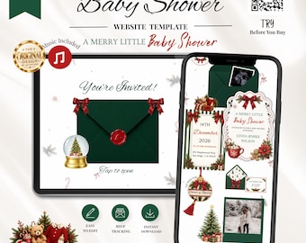 May include: A digital baby shower website template displayed on a tablet and smartphone. The design features a dark green envelope with a red wax seal, a snow globe with a Christmas tree, and festive holiday graphics including poinsettias and ornaments.