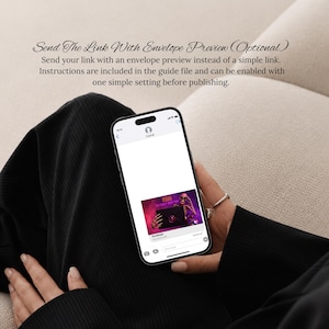 May include: A smartphone displaying a messaging interface with an envelope preview. The text reads: Send The Link With Envelope Preview (Optional). Send your link with an envelope preview instead of a simple link. Instructions are included in the guide file.