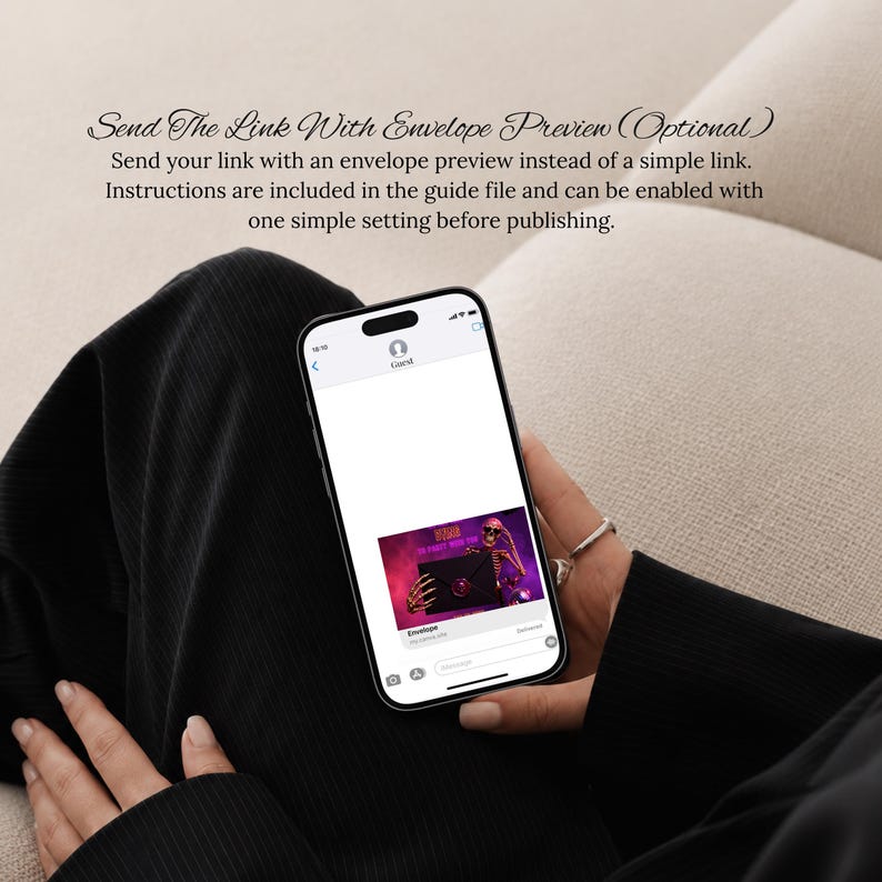 May include: A smartphone displaying a messaging interface with an envelope preview. The text reads: Send The Link With Envelope Preview (Optional). Send your link with an envelope preview instead of a simple link. Instructions are included in the guide file.