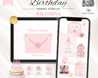Invito per il sito web di compleanno a tema ballerina / Invito per la festa di compleanno a tema balletto rosa / Modello Canva modificabile / Sito web per il compleanno di una bambina / Tracker RSVP