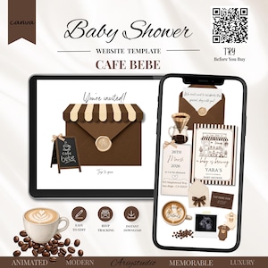 May include: A digital baby shower website template titled Cafe Bebe displayed on a tablet and smartphone. The design features brown envelopes, coffee-themed graphics, a chalkboard sign, and a cup of latte art, with text including You're invited.