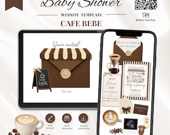 Cafe Bebe Baby Shower Website Template with RSVP : Baby is Brewing Editable Animated Invitation