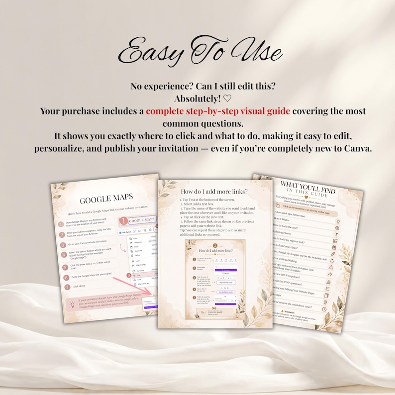 May include: A digital instructional guide featuring the text Easy To Use, No experience? Can I still edit this? Absolutely!, and a complete step-by-step visual guide. Three pages display instructions for Google Maps, adding links, and a table of contents.