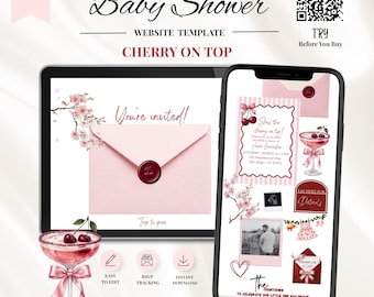 Editable Cherry On Top Baby Shower Website Template with RSVP Digital Cherry on Top Invitation template Pink Coquette Baby Shower invitation