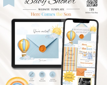 Here Comes the Son Baby Shower Website Template with RSVP, Editable Canva Website, Baby Boy Baby Shower Digital Invitation Digital Invite,