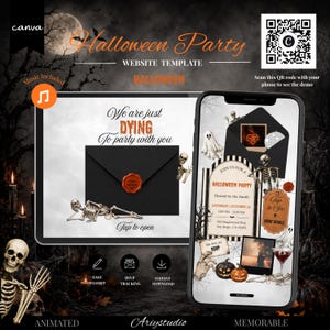 Può includere: Un modello di sito web per una festa di Halloween visualizzato su un tablet e uno smartphone. Il design presenta scheletri, buste nere con sigilli di ceralacca rossa e testo che include "We are just DYING To party with you".