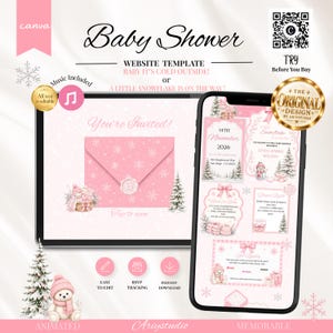 May include: A digital baby shower website template featuring a pink envelope with a wax seal, snowflake patterns, and winter-themed illustrations including a teddy bear and pine trees. The layout includes text fields for event details and RSVP.