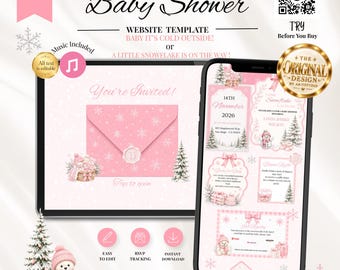 May include: A digital baby shower website template featuring a pink envelope with a wax seal, snowflake patterns, and winter-themed illustrations including a teddy bear and pine trees. The layout includes text fields for event details and RSVP.