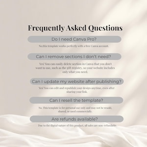 Pode incluir: Um modelo digital de perguntas frequentes com texto preto sobre um fundo claro. O documento inclui cinco perguntas sobre a compatibilidade com o Canva, remo&ccedil;&atilde;o de se&ccedil;&otilde;es, atualiza&ccedil;&otilde;es de site, revenda e pol&iacute;ticas de reembolso.