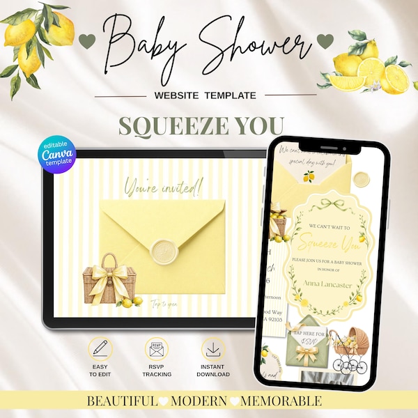 Hemsidesmall för citronbabyshower med OSA: Redigerbar animerad inbjudan, vi längtar efter att få träffa dig