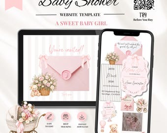 Pink Bow Baby Shower Website Template with RSVP, Editable Canva Website, Pink Bow Digital Invitation Pink Ribbon Coquette Girl Baby Shower