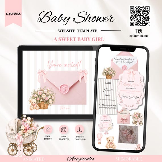 Pink Bow Baby Shower Website Template with RSVP, Editable Canva Website, Pink Bow Digital Invitation Pink Ribbon Coquette Girl Baby Shower