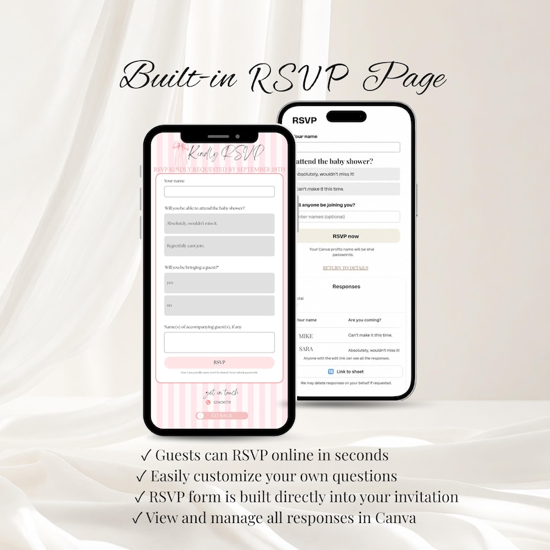 Babyshower uitnodiging sjabloon 'Tiny Toes & Pretty Bows' op Canva, roze digitale uitnodiging voor een babyshower voor een meisje, Coquette website-uitnodiging met RSVP afbeelding 3