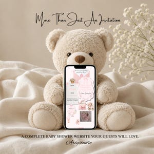 Babyshower uitnodiging sjabloon 'Tiny Toes & Pretty Bows' op Canva, roze digitale uitnodiging voor een babyshower voor een meisje, Coquette website-uitnodiging met RSVP afbeelding 7