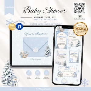 May include: A digital baby shower website template featuring a light blue winter theme with snowflakes, a snowman, and pine trees. The display shows an envelope graphic with the text You're Invited and Tap to open, alongside a mobile view of event details.