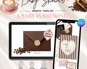 Baby Shower Invitation Baby is Brewing – Pink Coffee Theme – Editable Digital Invite Trackable RSVP