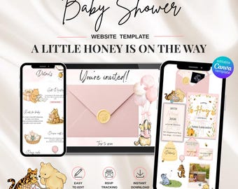 Winnie the Pooh Baby Shower Invitation Website with RSVP | Little Honey Is On The Way, Editable Canva Invite