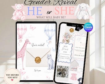 pink blue safari Gender Reveal Website Invitation Template: With Rsvp Tracking (Editable in Canva )