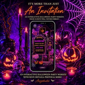 May include: A smartphone displaying an interactive Halloween party website invitation. The screen shows text including 'JOIN US FOR A HALLOWEEN PARTY', date, time, and location details, surrounded by graphics of ghosts, a skeleton, and pumpkins.
