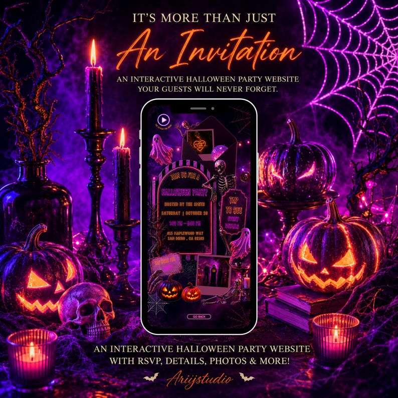 May include: A smartphone displaying an interactive Halloween party website invitation. The screen shows text including 'JOIN US FOR A HALLOWEEN PARTY', date, time, and location details, surrounded by graphics of ghosts, a skeleton, and pumpkins.