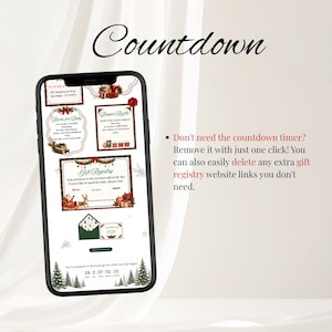 May include: A smartphone displaying a digital baby shower invitation template with a Christmas theme. The screen features sections for a gift registry, diaper raffle, and RSVP, decorated with festive greenery, Santa, and a countdown timer.