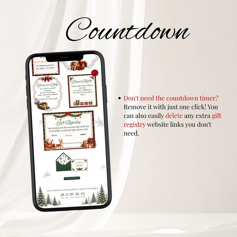 May include: A smartphone displaying a digital baby shower invitation template with a Christmas theme. The screen features sections for a gift registry, diaper raffle, and RSVP, decorated with festive greenery, Santa, and a countdown timer.
