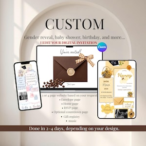 May include: A digital invitation set displayed on a laptop, smartphone, and tablet screen. The designs feature themes like a brown envelope with a wax seal, coffee beans, and a honey-themed baby shower layout with sunflowers and text details.