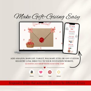 Pode incluir: Um port&aacute;til e um smartphone exibem um site de convites digitais com um envelope castanho, selo de cera vermelho e um cesto de ma&ccedil;&atilde;s. O texto inclui Make Gift-Giving Easy e links de registo para Amazon, Babylist, Target e Walmart.