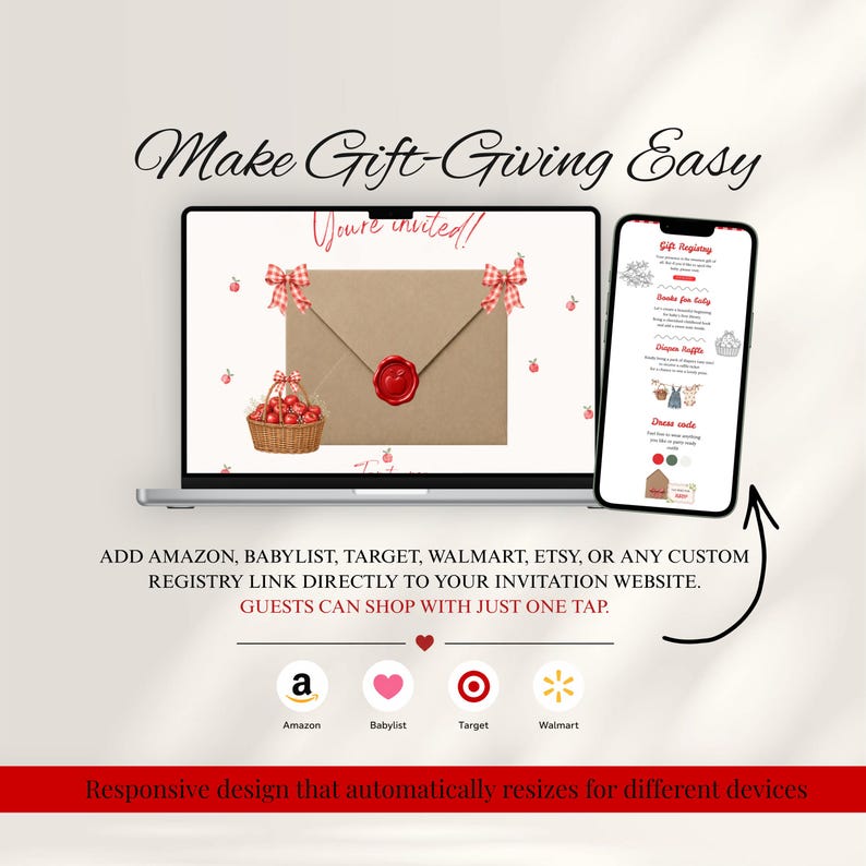 Pode incluir: Um port&aacute;til e um smartphone exibem um site de convites digitais com um envelope castanho, selo de cera vermelho e um cesto de ma&ccedil;&atilde;s. O texto inclui Make Gift-Giving Easy e links de registo para Amazon, Babylist, Target e Walmart.